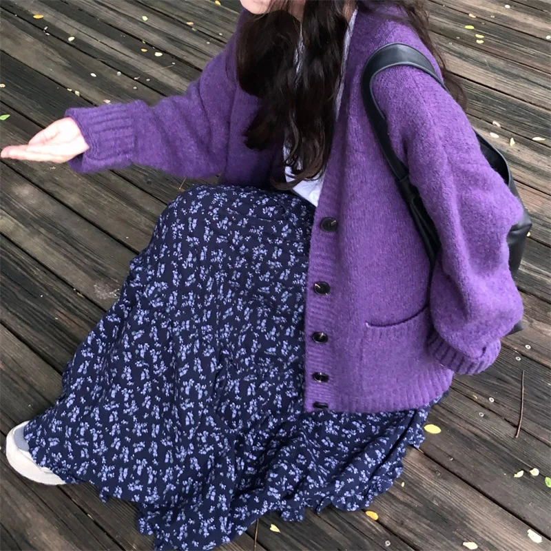 

Женский вязаный кардиган, осень-зима 202, женский ленивый кардиган фиолетового цвета с v-образным вырезом, мягкий уютный свитер большого размера, повседневная вязаная верхняя одежда