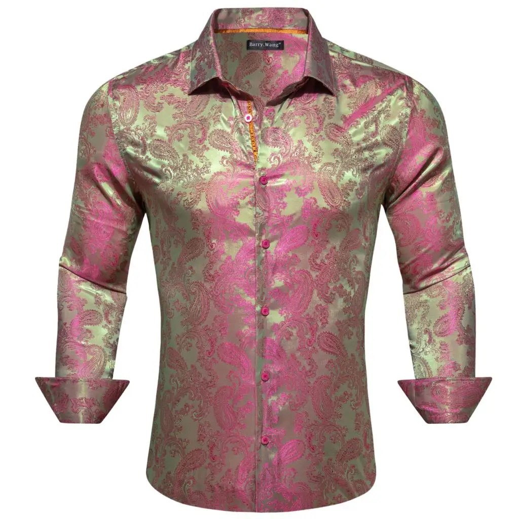 Designer Shirts for Men Embroidered Silk Paisley Blue Green Black White Gold Slim Fit Male Blouses Long Sleeve Tops Barry Wang