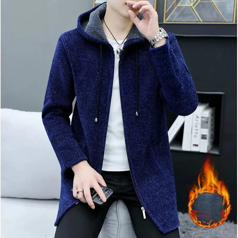 Men's Medium-Length Loose-Fit Hooded Sweatshirt Plus Size Knitted Cardigan Casual Style Winter Wear Top