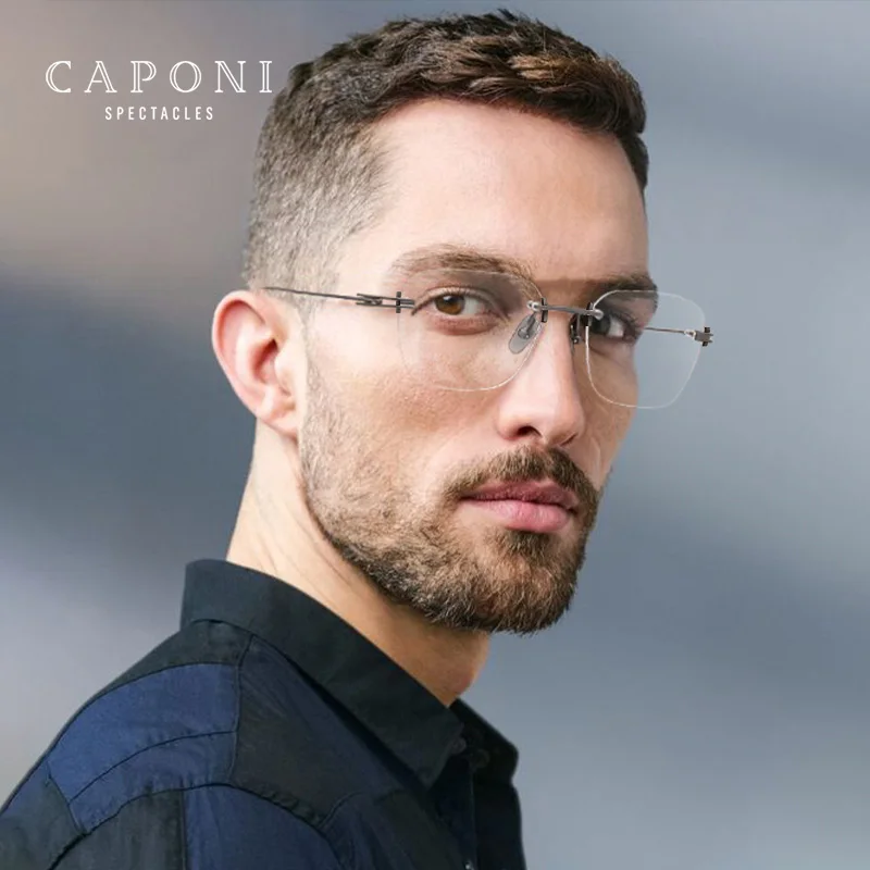 CAPONI Rimless Men\'s Eyeglass Frames Pure Titanium Business Blue Light Blocking Optical Glasses Original Brand Spectacles JF2265