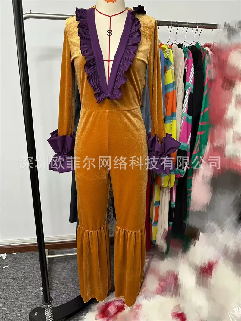 Tuta in Velluto da Donna Giallo Viola Sexy con Scollo a V, Maniche Lunghe e Pantaloni a Zampa, Ideale per Matrimoni, Serate, Banchetti e Feste