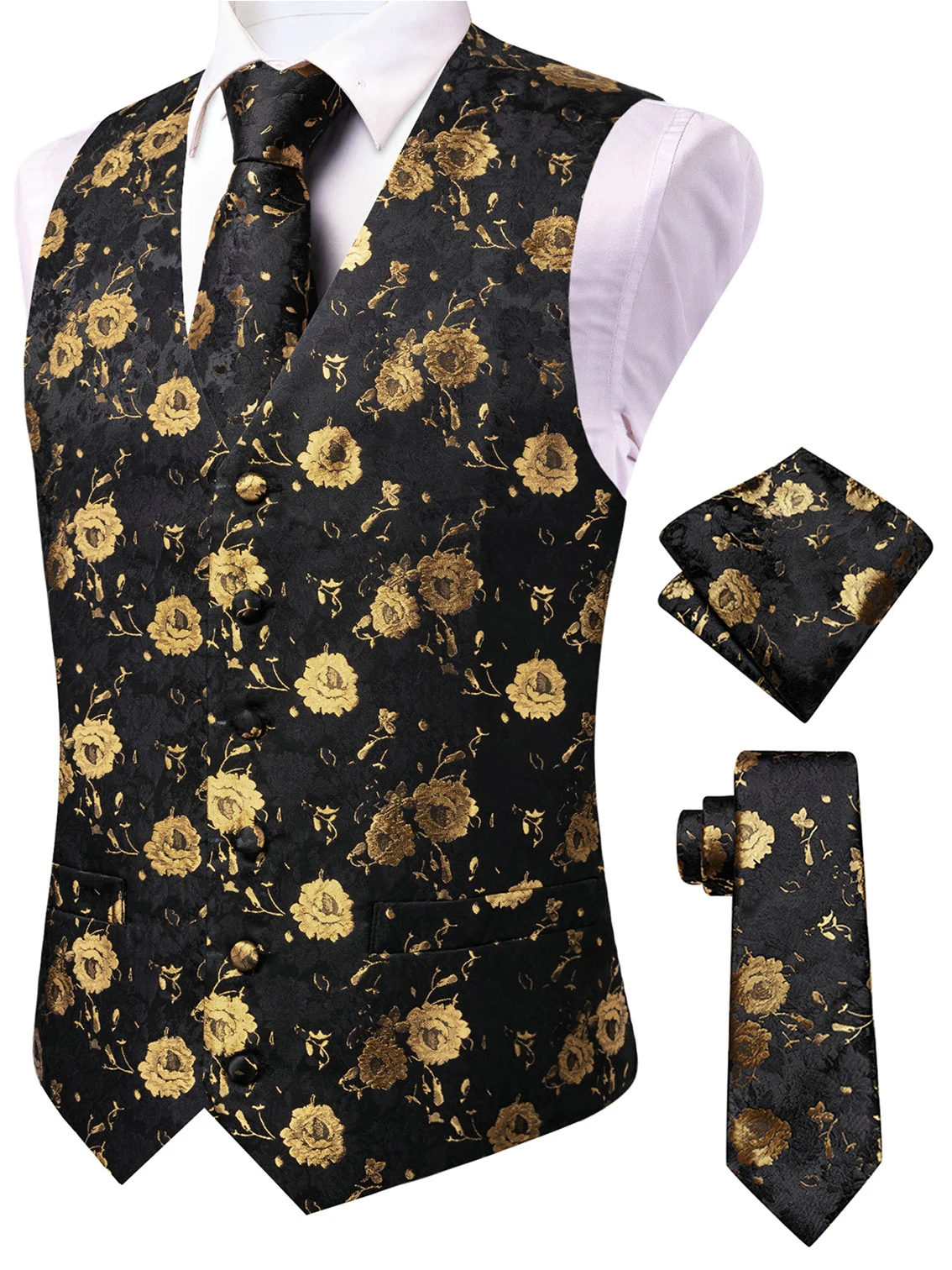 VERVEROW Elegant Men's Black&Yellow Jacquard Floral Waistcoat Tie Pocket Squard Set Formal Wedding Party Tuxedo