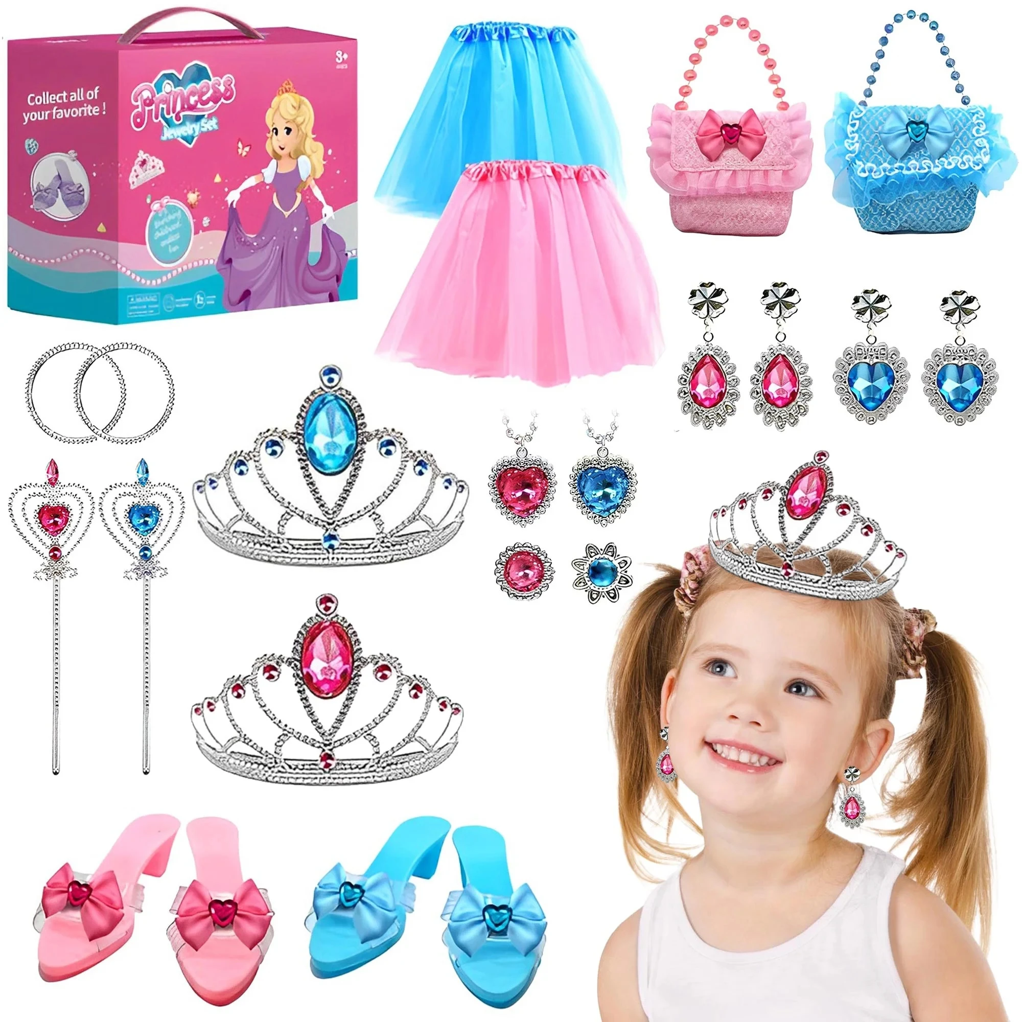 Princess Toys, Princess Dress up for Girls, Jewelry, Crown and Shoes, Princess Pretend Play Toy Gift for 3 4 5 6 7 Year Old Girl