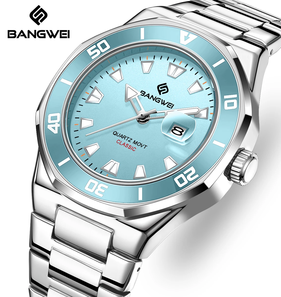 

BANGWEI Top brand luxury watches mens Fashion Waterproof Stainless Steel Quartz Classic Luminous Sports mens wristwatch reloj