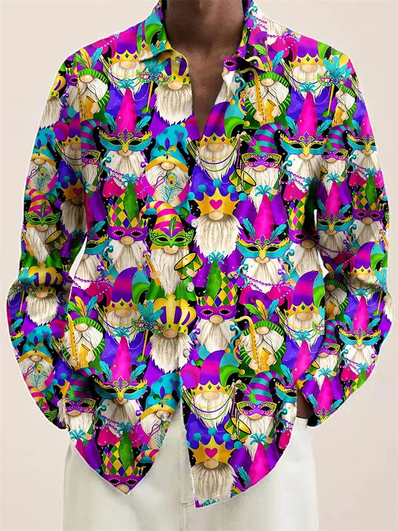 Mardi Gras 3D Print Hawaiian Shirts Mens Women Fashion Personality Carnival Pattern Casual Long Sleeve Button Shirt Loose Blouse