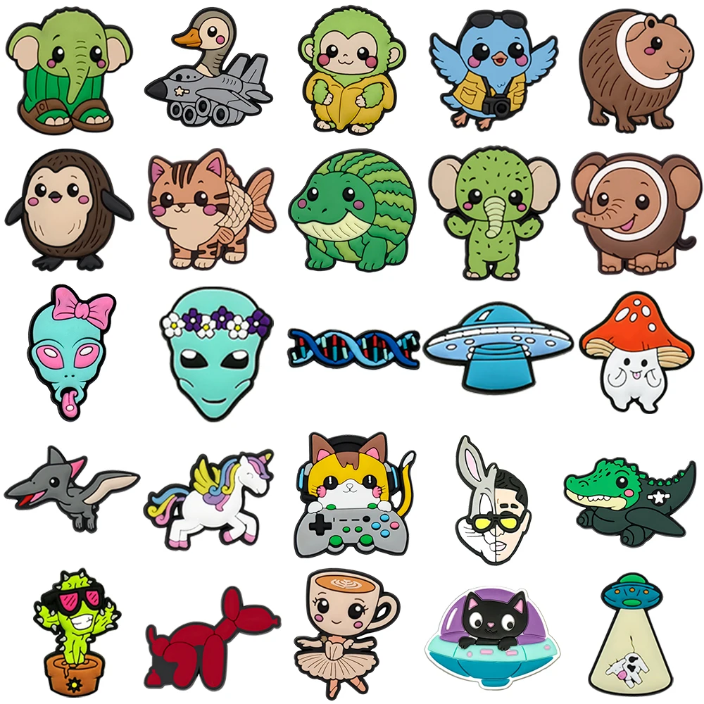 1/25PCS Cute Animal & Alien Shoe Charms Set DIY Decorative Pins Elephant Monkey UFO Clogs Accessories for Women Men Shoe Buckles