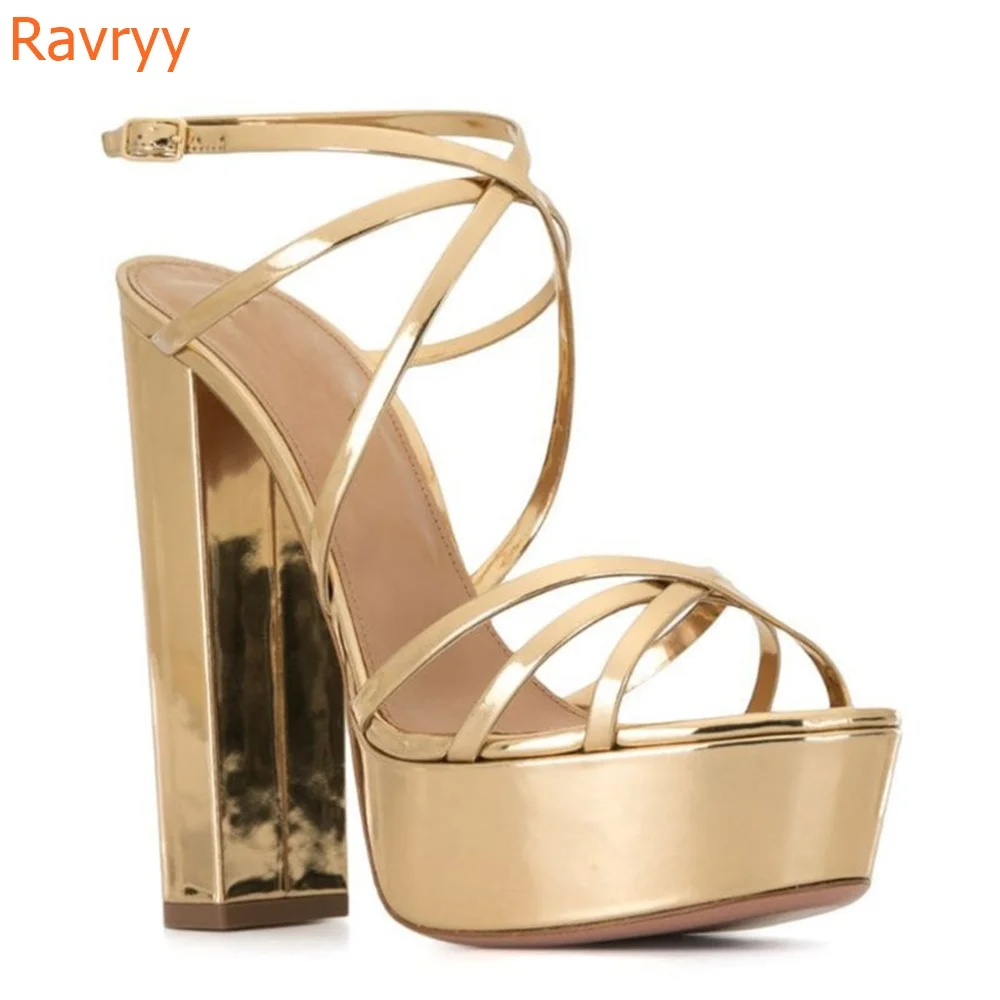 

Gold Heel Platfrom Sandals Square Heel Ankle Buckle Cross Tied Thin Strap Women Summer Sandals Open Toe Shoes High Quality