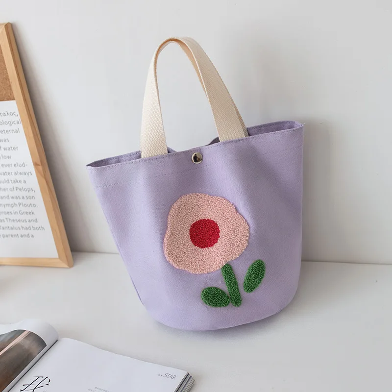 Bolso de mano de lona con flores de felpa bordadas para mujer, bolsos de compras de gran capacidad, lonchera, bolso de mano para estudiantes