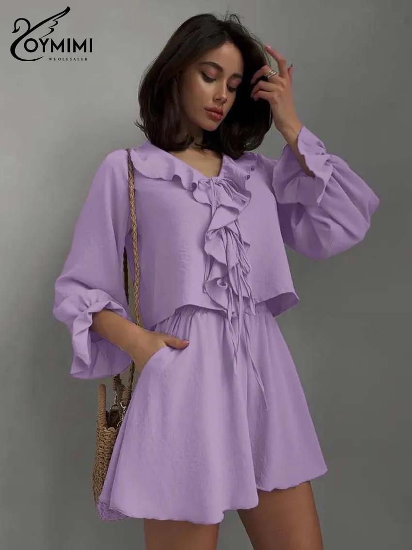 

Oymimi Women's Lavender 2 Piece Outfit 2026 Spring Ruffle Blouse And Shorts Puff Sleeve Tie Front Casual Party Loose Clothes