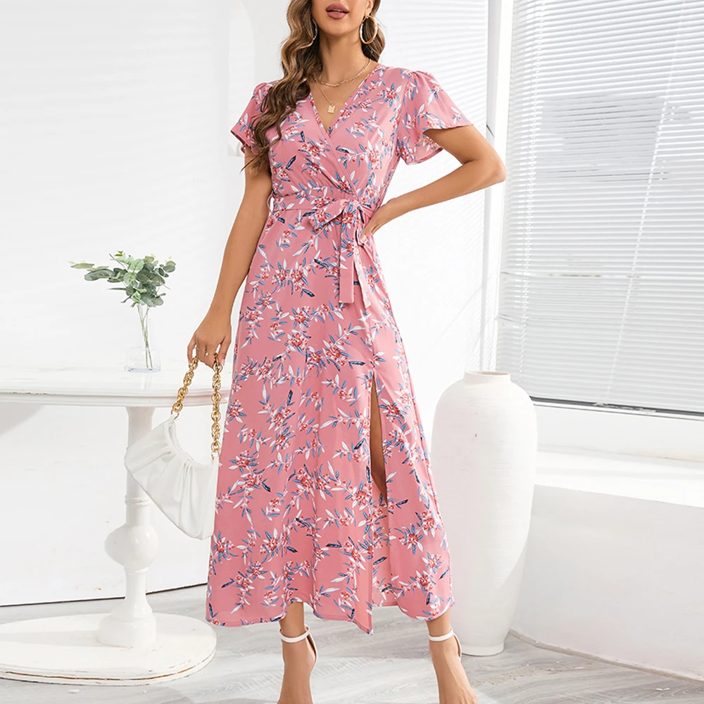 

COZOK 2023 New Floral Print V Neck Short Sleeve Elegant A Line Flowy Long Dress Casual Summer Beach Holiday Bohemian Style