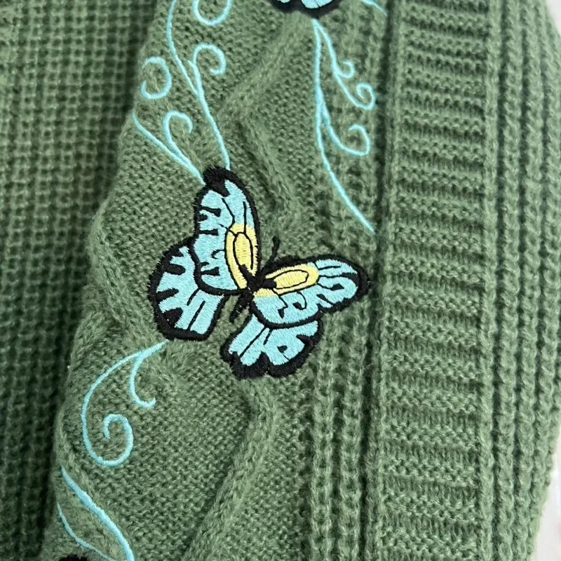 Dark Green Cardigan with Butterfly Embroidered Female Autumn Winter Letter Patch Knitted Cardigan Women 2024 New Sweaters Tops