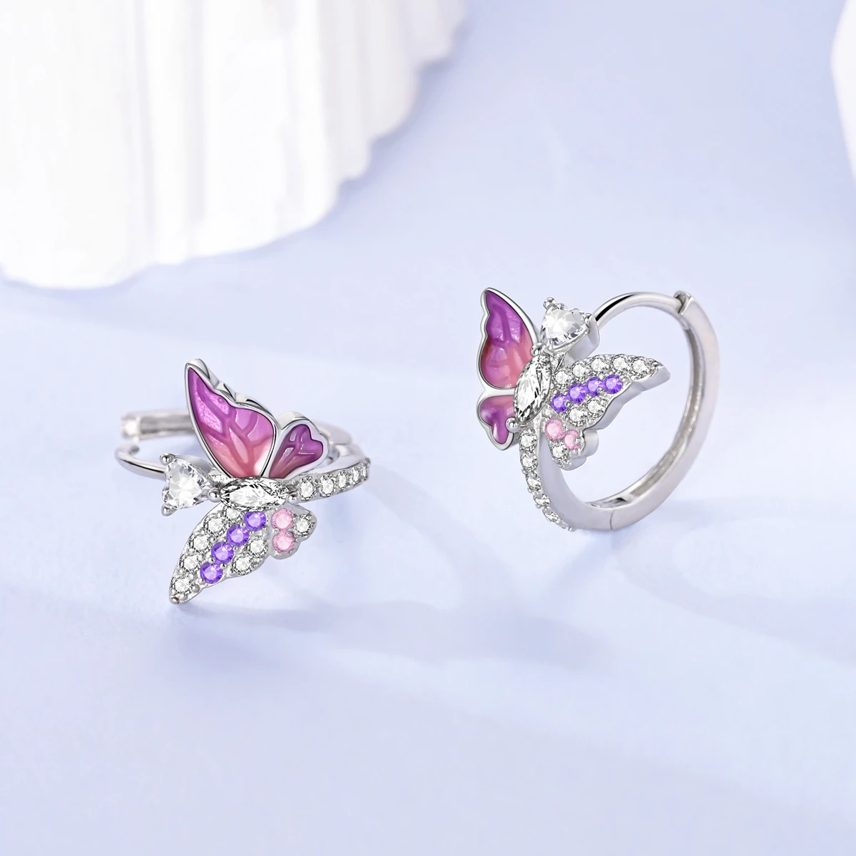 

925 Sterling Silver Pink Butterfly Sparkling Hoop Earring for Woman Girl Party Anniversary Fashion Jewelry Gift