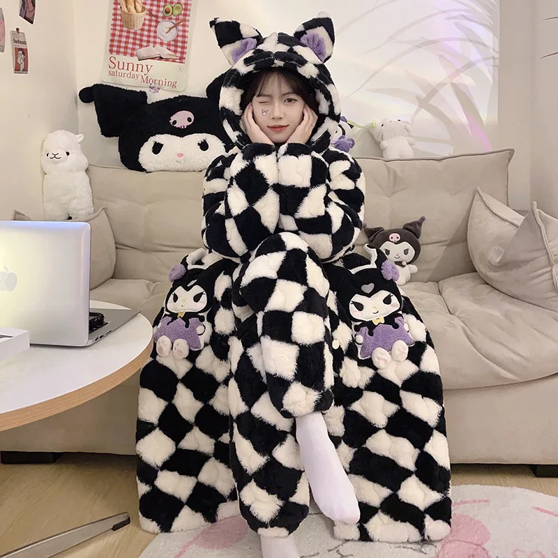 2pcs Sanrio Cartoon Kuromi Pajamas Suit  Coral Fleece Three Layer Winter Warm Long Sleeve Thickened Homewear Women Night Clothes