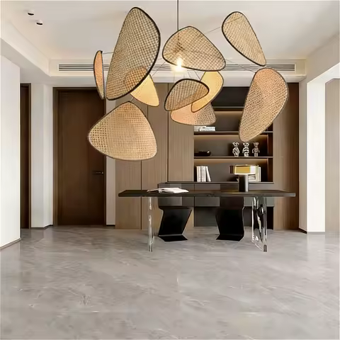 Nordic Leaf Grid Restaurant Wicker LED Pendant Light Minimalist Vintage Home Decoration Living Room Corner Study Caf&eacute; Chandelier