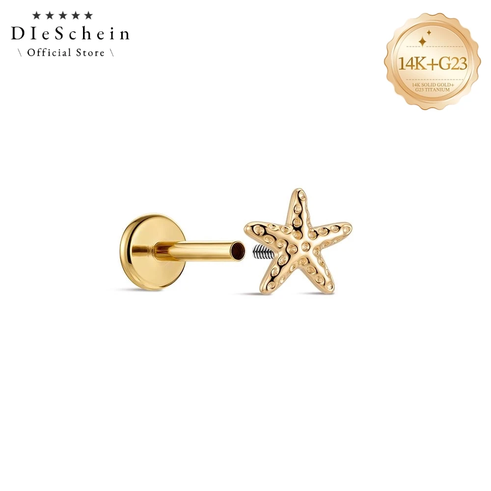 DIeSchein 14K Solid Gold Flat Back Piercing Stud Dainty Crystal Starfish Internal Thread Elegant Helix Tragus Ear Stud for Women