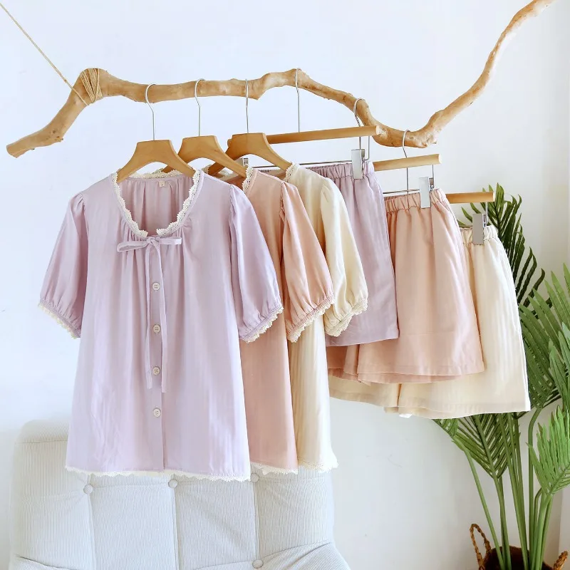 2026 Summer New Women's Pajama Set 100% Cotton Gauze Short Sleeve Shorts Round Neck Solid Color Loose Home Clothes Two Piece Set