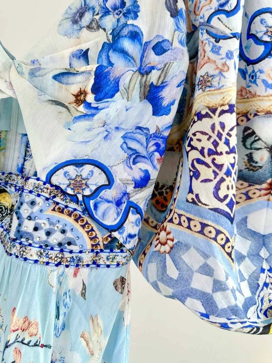 Bloemenprint Dames Zijden Linnen Mini-jurk Zware Kralen Kruis V-hals Bladerdeeg Mouw Hoge Taille Mode Dames Korte Gewaad
