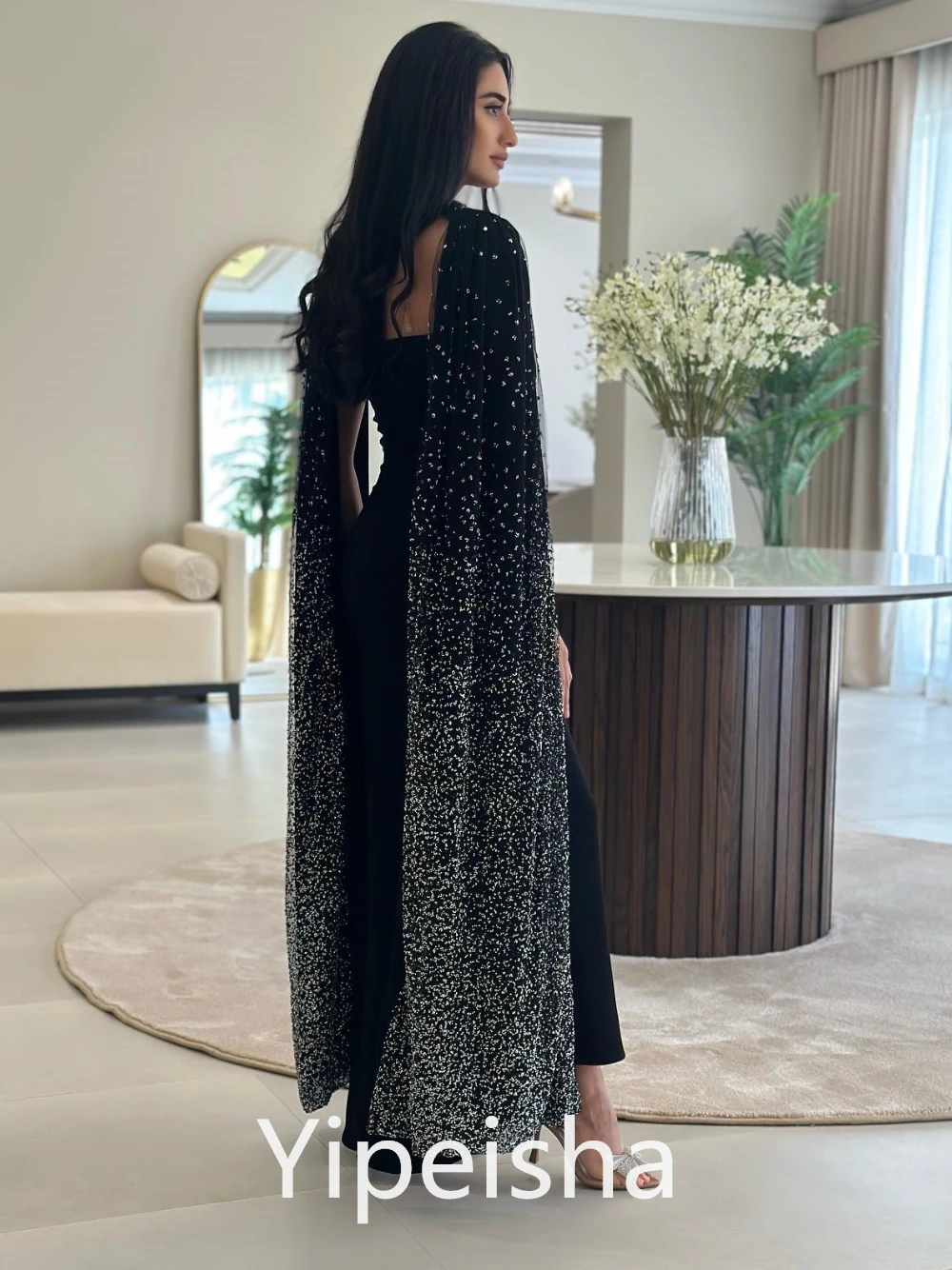 Yipeisha Prom Dress Simple Exquisite Strapless Sheath Evening Paillette Satin Stole Bolero Custom