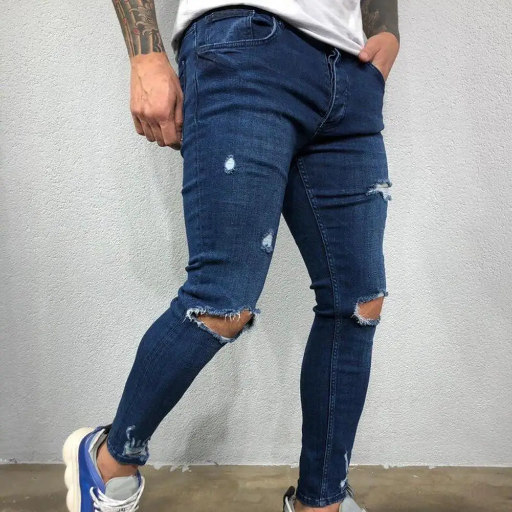 Knee hole Ripped Jeans Men Skinny blue & black High Street Style Elasticity Slim Frayed Casual Men Pants Trousers Biker Jeans