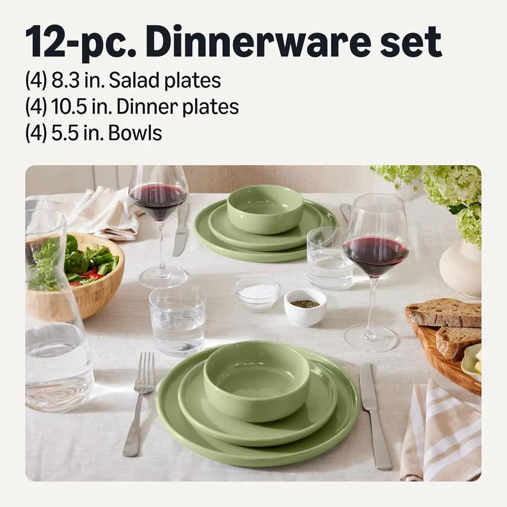 Olive Ceramic Dinnerware Set, 12-Piece, 4-Person Place Settings, Dishwasher Safe