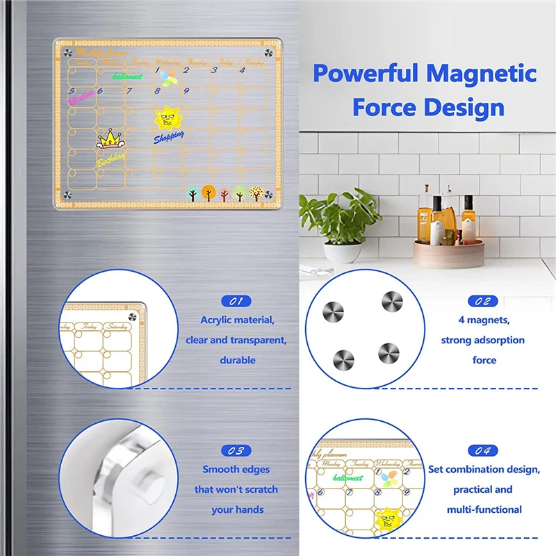 ปฏิทินแม่เหล็กอะคริลิคแบบแห้งลบได้สำหรับติดตู้เย็น HJ-Acrylic จำนวน 2 ชิ้น ขนาด 15.7x11.8 นิ้ว ปฏิทินแบบใสสำหรับวางแผนสำหรับตู้เย็น