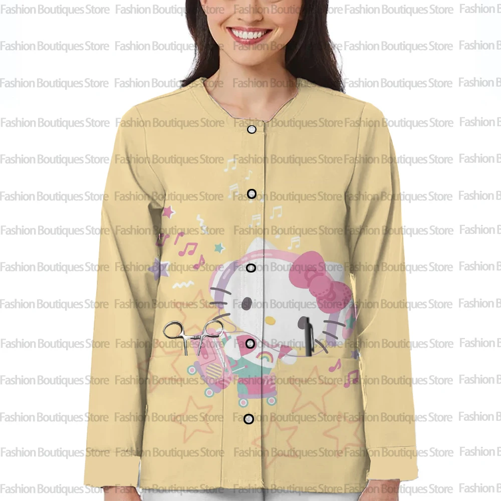 Damska kurtka robocza z długim rękawem i kieszeniami na wiosnę i jesień z motywem Hello Kitty, jednorzędowa, ochronna odzież robocza.