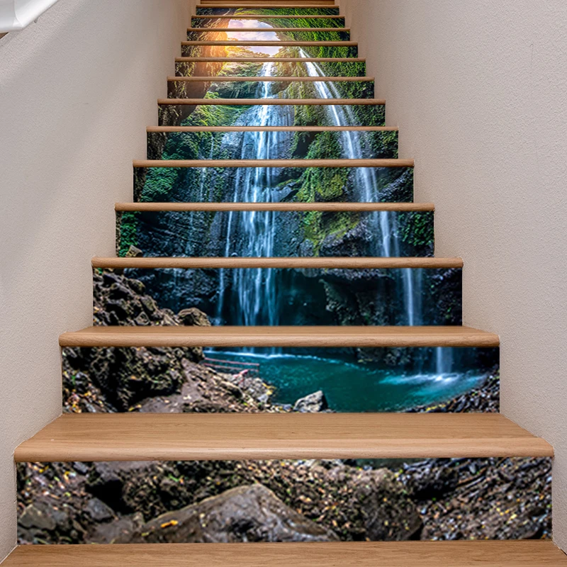 Pegatinas creativas para escaleras, Mural de vinilo con paisaje de cascada y acantilado de sol para decoración del hogar, habitaciones, escaleras, paisajismo, extraíble