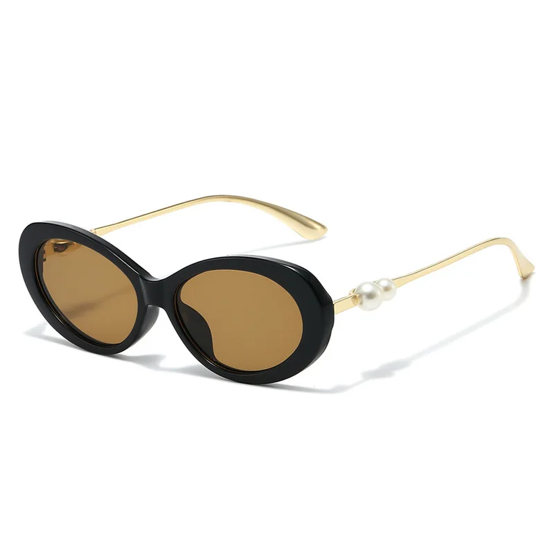 Elegante Retro-Oval-Sonnenbrille für Damen, Luxuriöse Doppel-Perlen-Damen-Streetwear-Brille, UV400-Schutz, Gafas De Sol