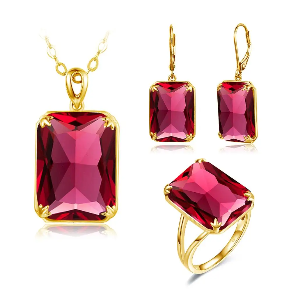 Real 925 Sterling Silver Jewellery Set For Women Gold Color Ruby Necklace Pendant Earrings Ring Set Silver 925 Jewelry