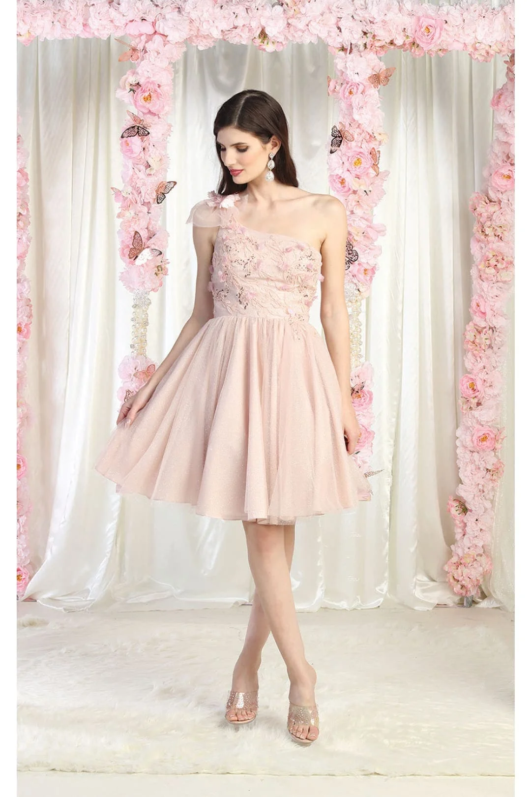 3D Floral Appliqué A-Line Birthday Party Dress Fully Lined Ruffled Asymmetric One-Shoulder Skirt Homecoming Cocktail Party