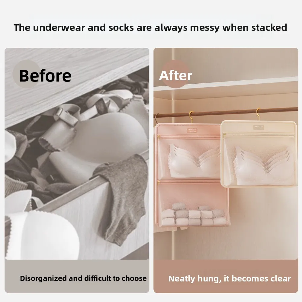 

Foldable Underwear Storage Bag with Zipper Space Saving Socks Storage Organizer with Hanger Breathable Closet Organizer