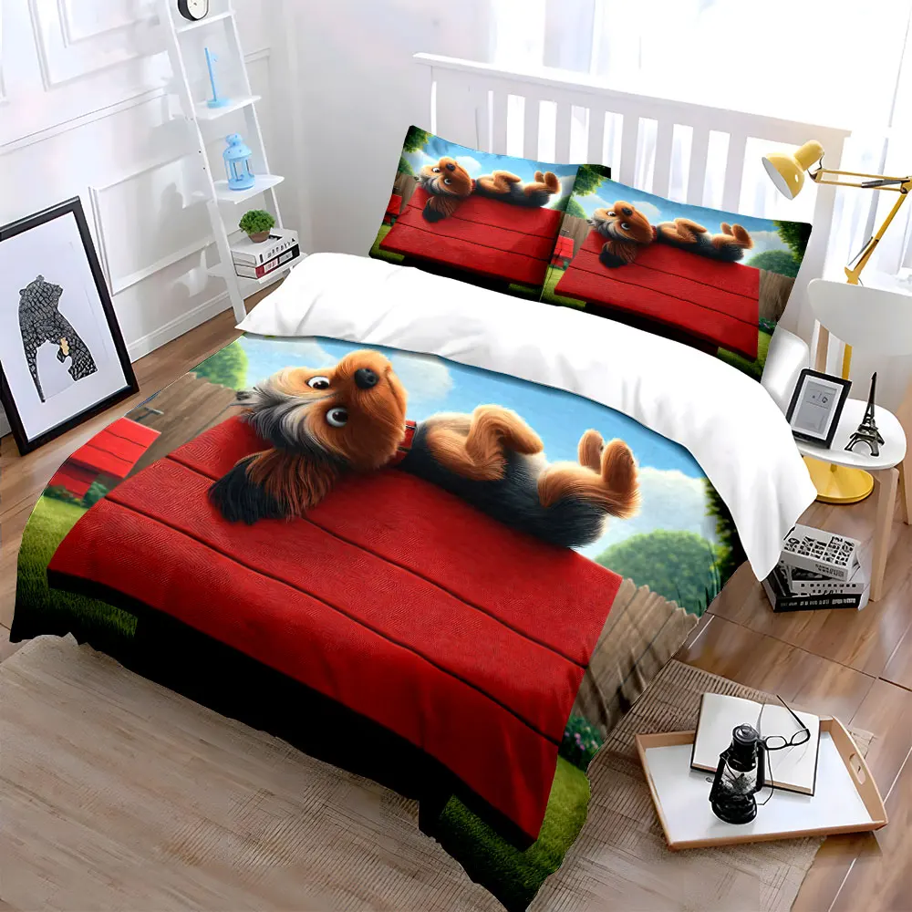Yorkshire Terrier Lying On Red Doghouse Duvet Cover Set,Backyard Puppy Art Bedding Includes 1 Duvet Cover 2 Pillowcase,Gift