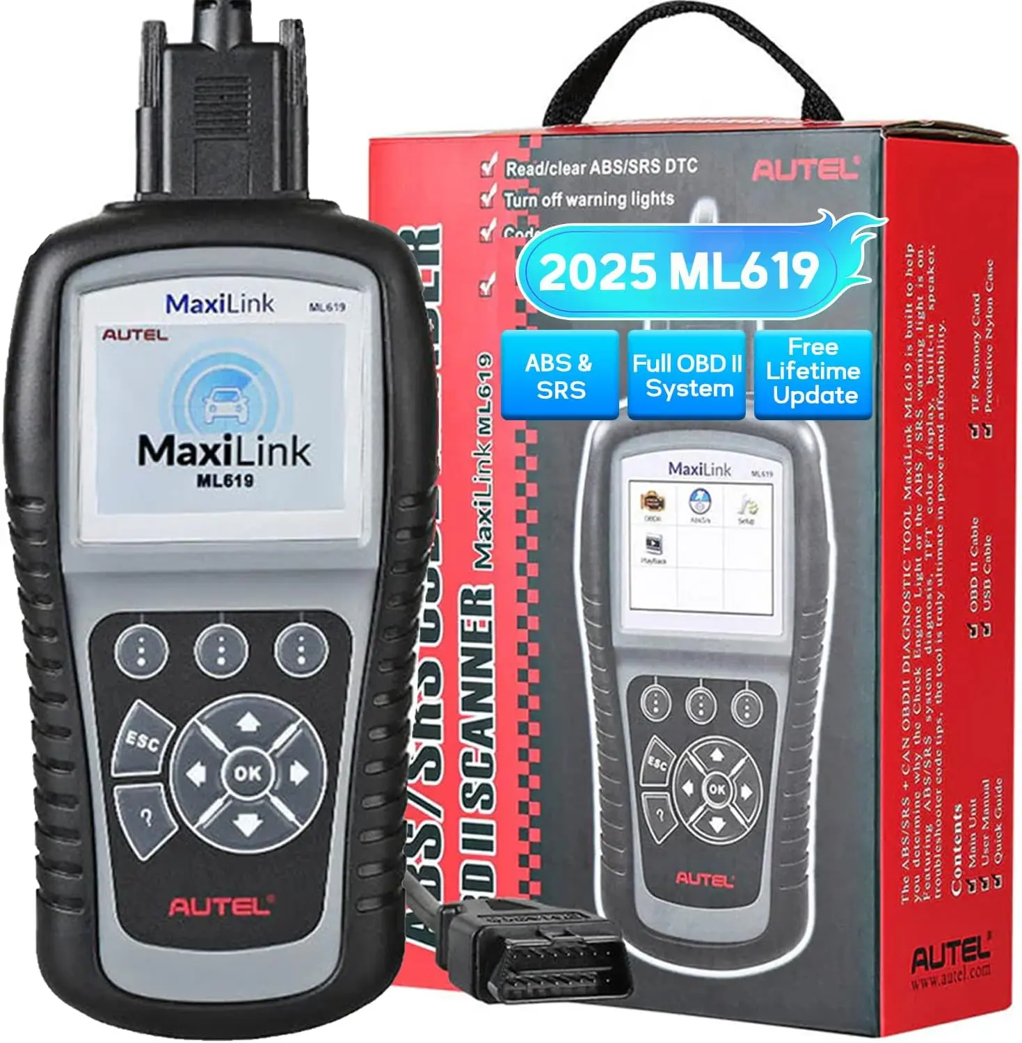 

Maxilink ML619 OBD2 Scanner, ABS SRS Diagnostic Tool, Check Engine Light Reset, 10 Test Modes, DTC Lookup, Live Data Graphs