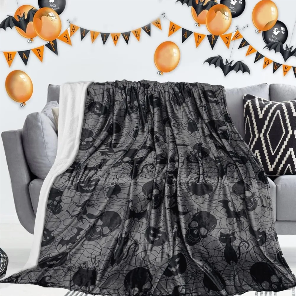 1PC Halloween Theme Throw Blanket Skeleton Skull Bats Black cat Thin Blanket Gifts for Couch Bed Car Home Camping all season use