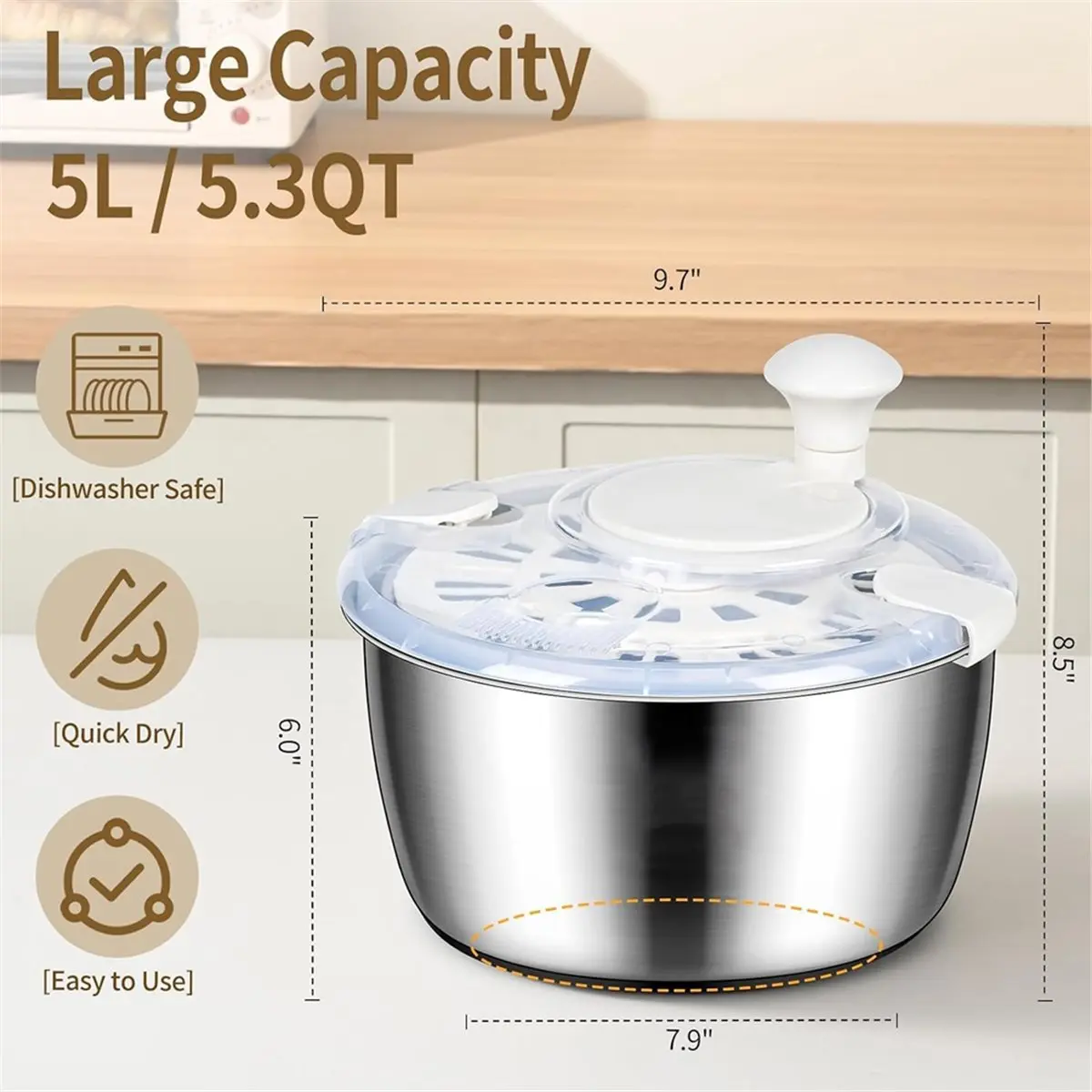 5.3 Qt Stainless Steel Salad Spinner, Salad Spinners Vegetable Spinner, Lettuce Spinner, Fruit Washer, Dishwasher Safe