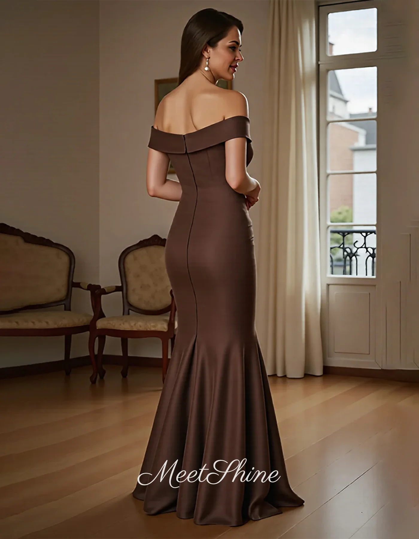 ブラウンオフショルダーマーメイドイブニングドレスサウジアラビアセクシーなコルセット恋人サテンフォーマルウェディングウエディングドレスカスタマイズ