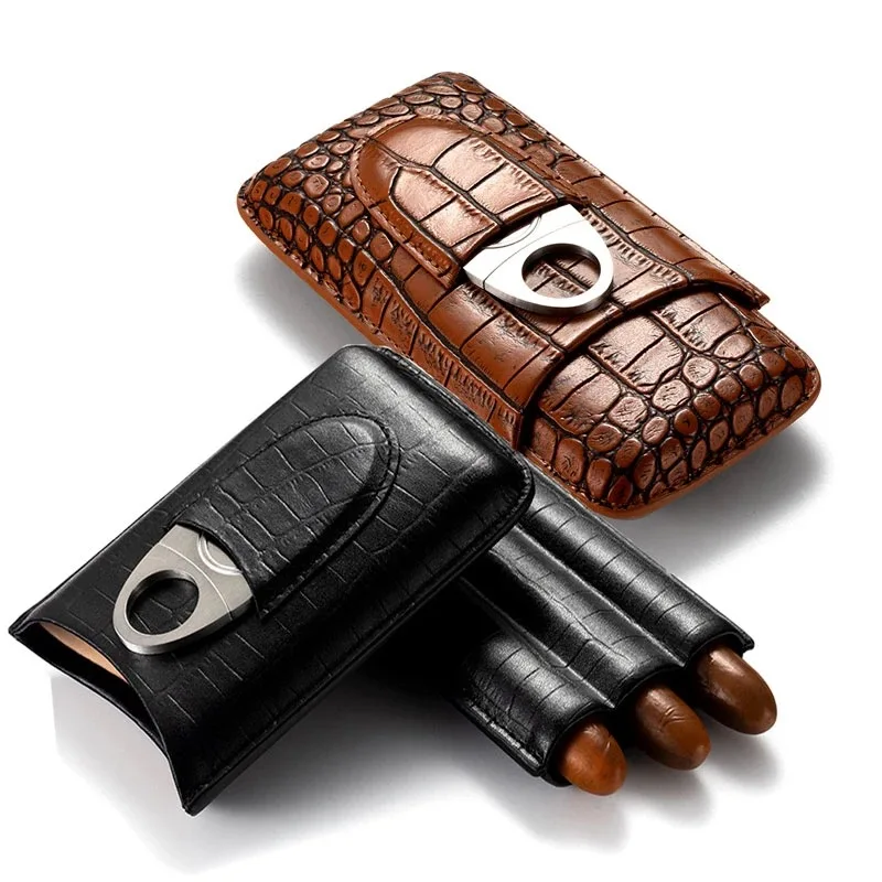 Cigar Humidor  Three-Finger Portable Cigar  Brown and Black Two Choices Cowhide Material Leather Case with Silver  Cutter