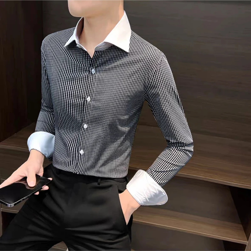 

Мужская осенняя рубашка в клетку с длинным рукавом, новинка 2026 года, устойчивая к сминанию, не мнущаяся, приталенная, в корейском стиле, повседневная, универсальная.