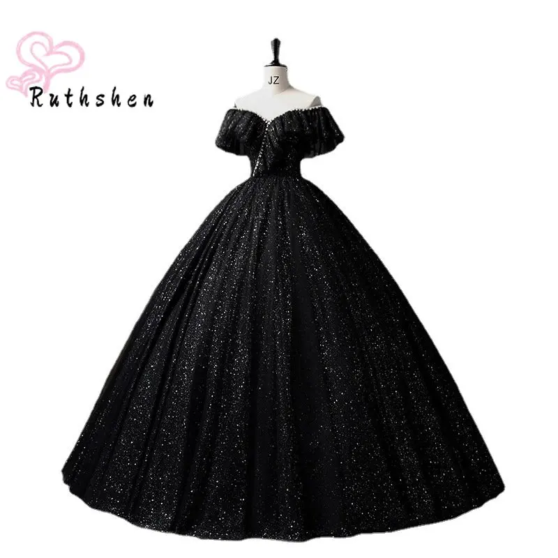 Shimmering Black Ball Gown Prom Dresses Long 2023 Pearls Beaded Off Shoulder Evening Party Occasion Vestidos De Noche