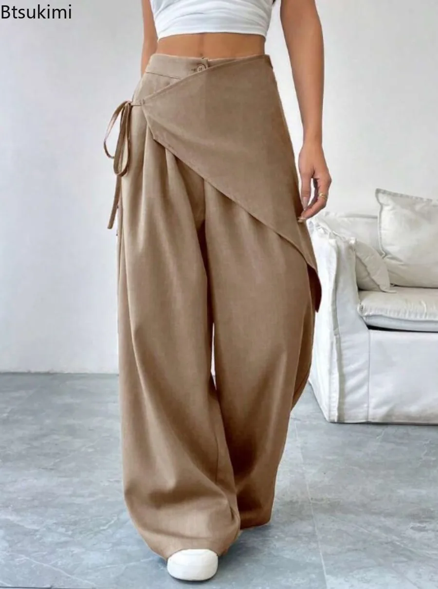 New Women's Fashion Irregular Suit Pants Solid High Waist Loose Wide-Leg Trousers Street Casual Straight Trousers with Pockets