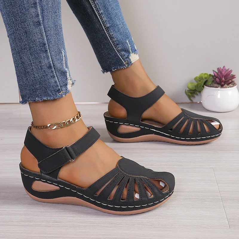 

New Summer Women Wedge Sandals Premium Orthopedic Open Toe Sandals Vintage Anti-slip Leather Casual Female Platform Retro Shoes