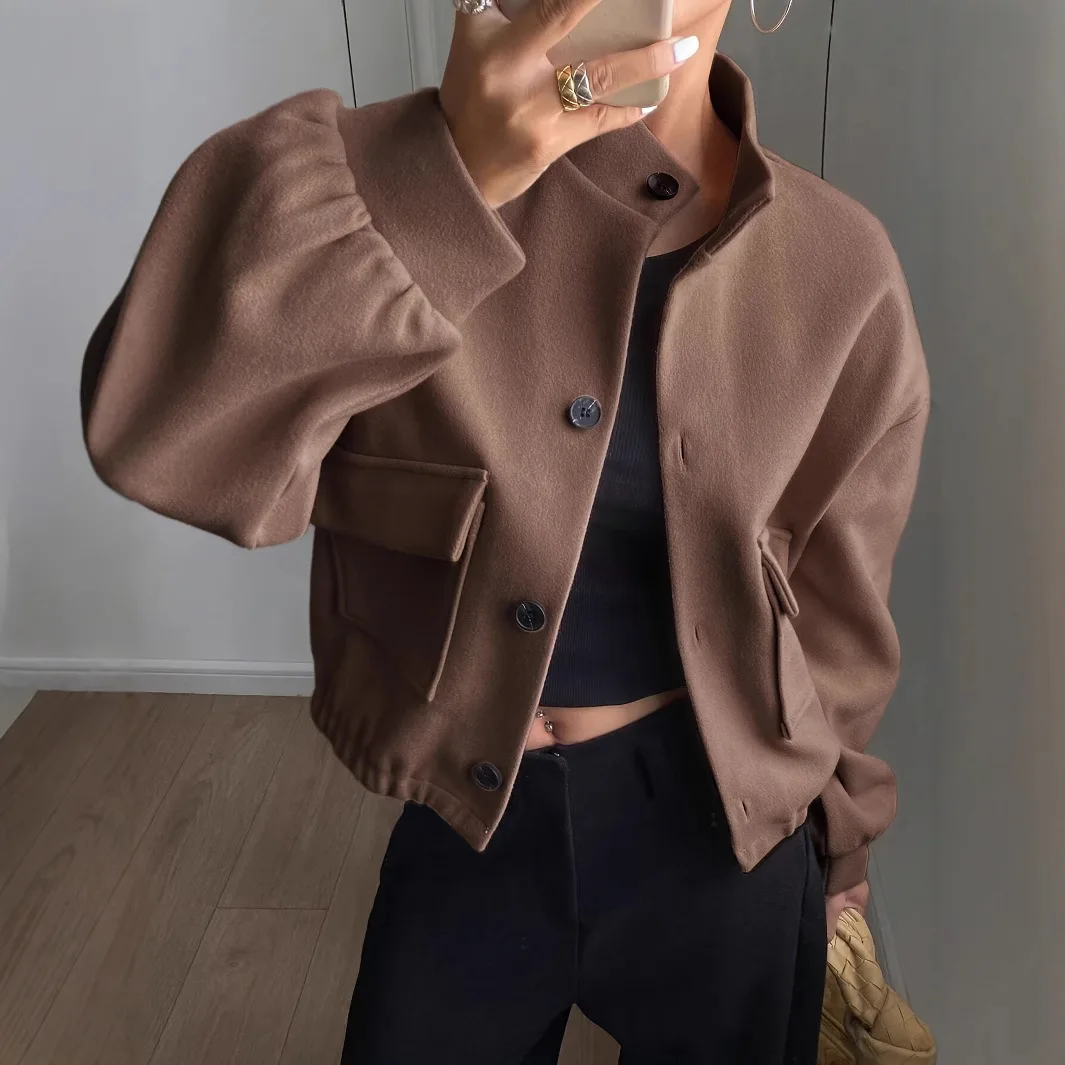 American Retro Cropped Jacket Women Spring Autumn Stand Collar Button Up Loose Fit Big Pockets Casual Streetwear Outerwear