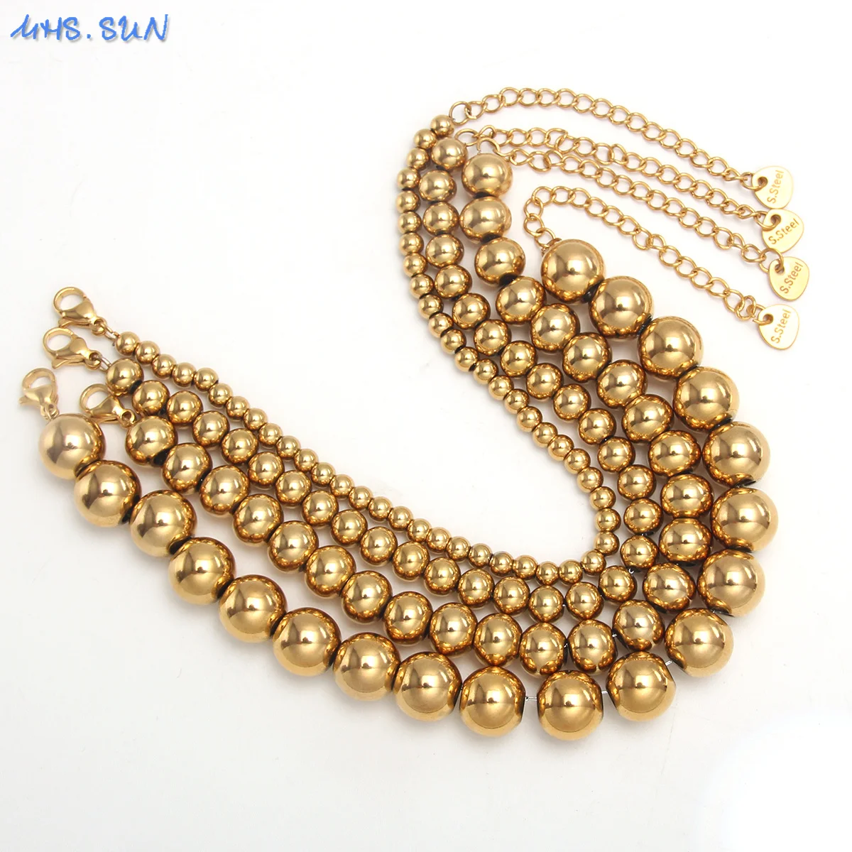MHS.SUN Waterproof Smooth Beads Bracelet Adjustable Gold Silver Color Stainless Steel Round Balls Bracelets Unisex Party Jewelry