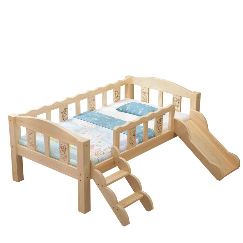 

Solid wood crib Children's crib with guardrail fence splicing queen bed widening