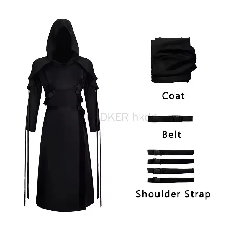 Halloween gótico preto com capuz robe vestido feminino masculino punk estilo escuro manga longa maxi vestido com alças cosplay festa outfit