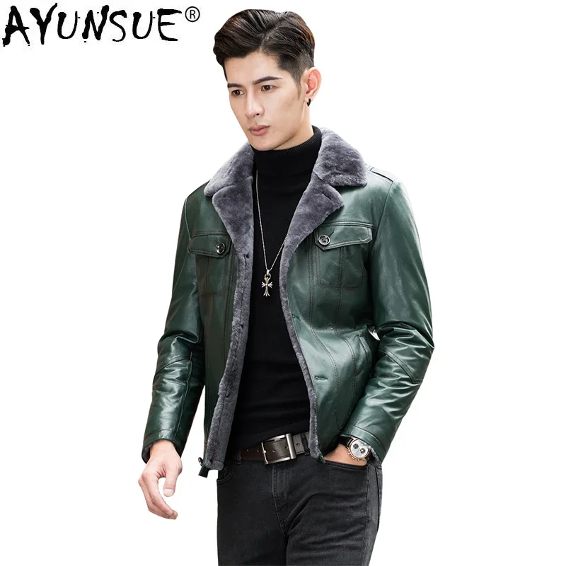 AYUNSUE Genuine Leather Leather Men Sheepskin Shearling Coat Real Wool Fur Coat Men Short Autumn Winter Jacket WXL1506 KJ1515
