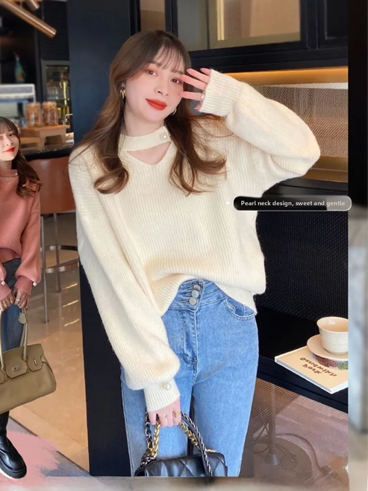 Design Sensation  Women\'s Sweater Loose V-neck Pink Knitted Top Korean Style Autumn Winter New Arrival Casual Commute Style