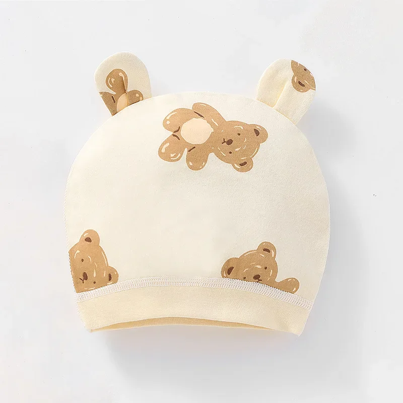 Soft Infant Beanies Caps Baby Hat Cartoon Bear Boneless Muslin Hat Newborn Headwear Windproof Spring Hat 0-3M Baby Hats