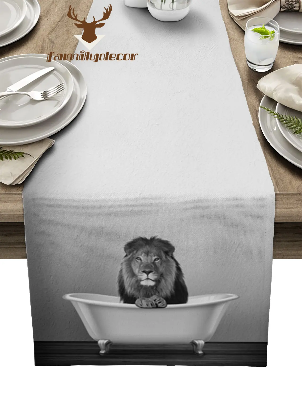 Bathtub Lion Funny Animal Table Runner Home Wedding Table Flag Mat Table Centerpieces Decoration Party Dining Long Tablecloth