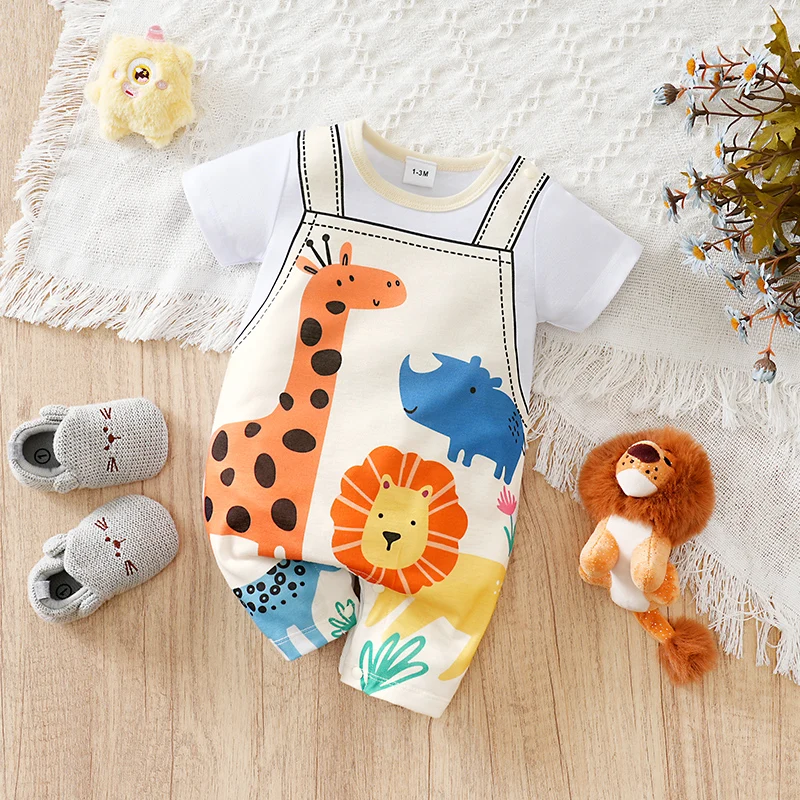

Комбинезон для новорожденных мальчиков и девочек, простой повседневный милый мультяшный комбинезон из двух предметов с изображением жирафа и льва, летний желтый комбинезон с короткими рукавами и яйцом